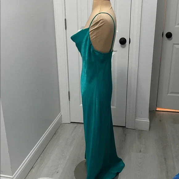 Zara Teal Satin Draped Neck Spaghetti Strap Dress - Picture 4 of 7